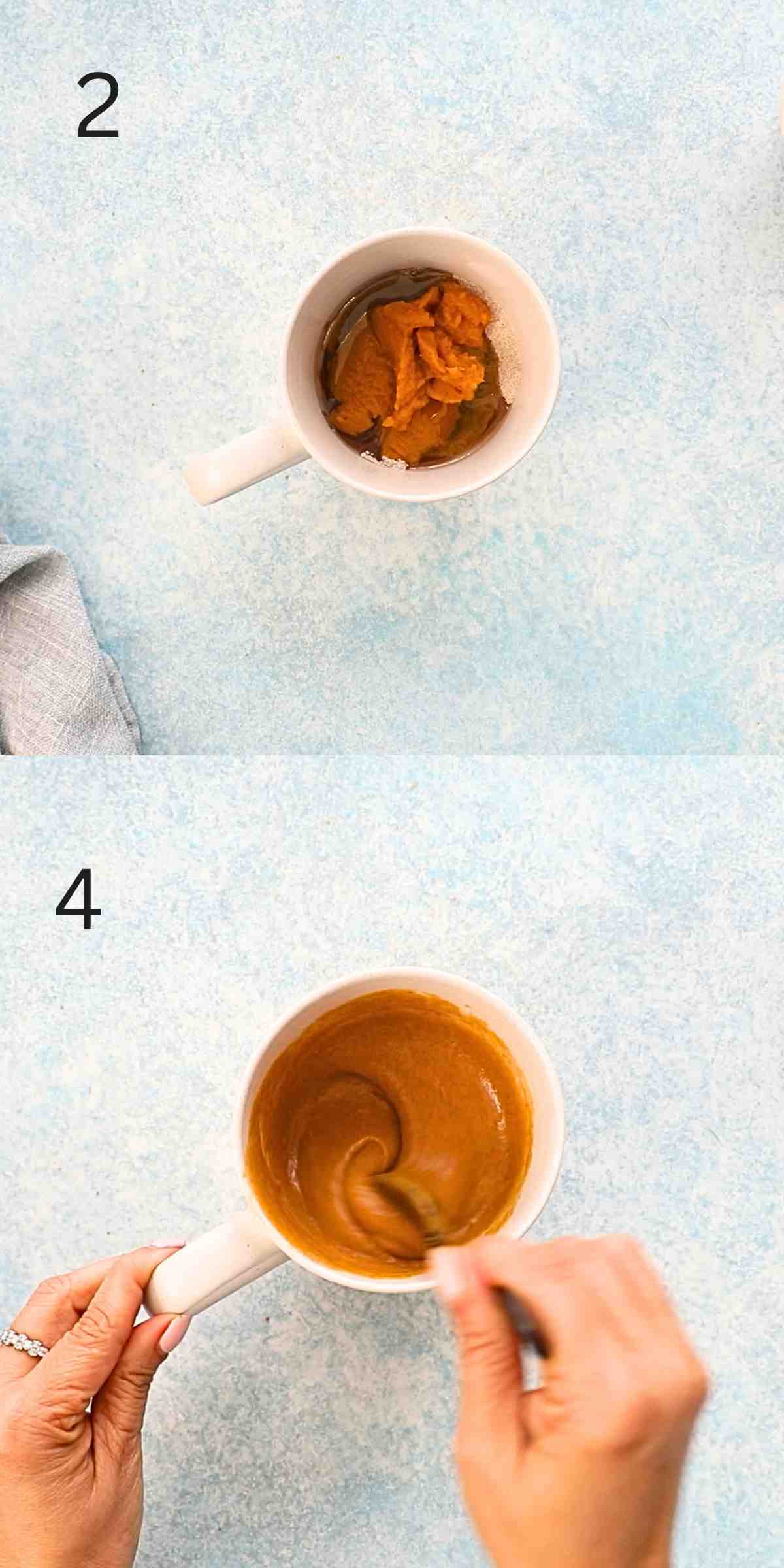 2 photo collage of mixing ingredients in a white mug.