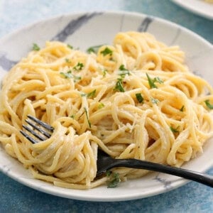 cooked white pasta noodles in a white plate along with a black fork.